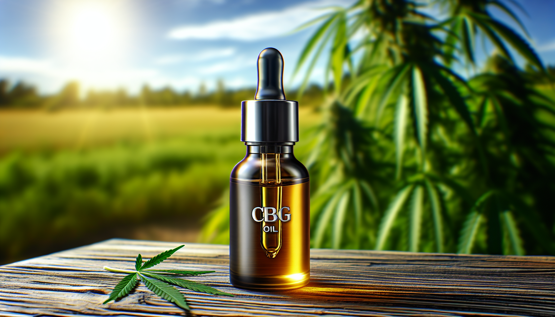 Premium CBG oil bottle with hemp plant in the background