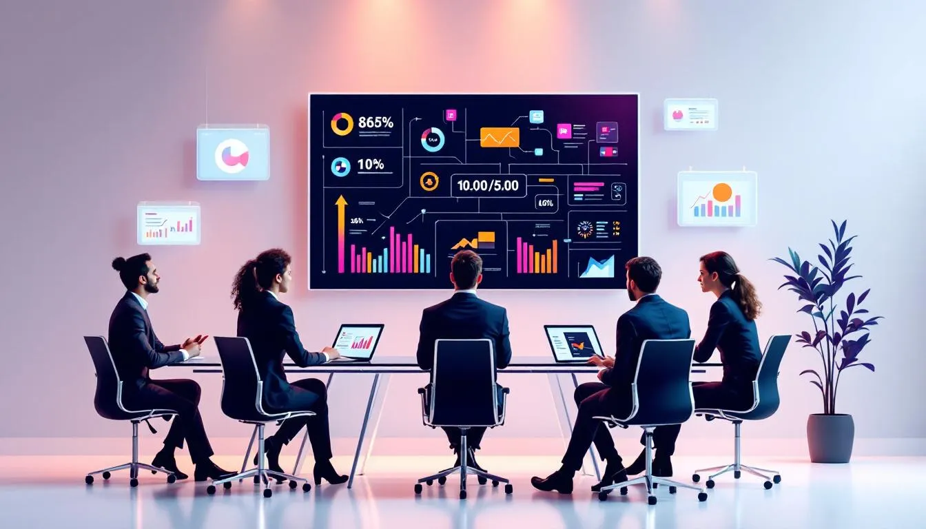 Business team reviewing strategic KPIs and data dashboards for strategic planning.