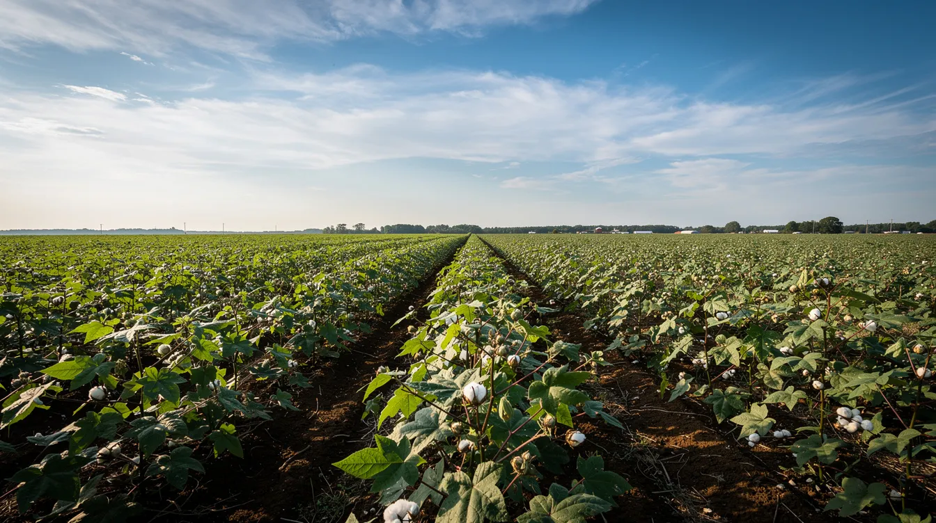 The image depicts a vast cotton and crop field stretching under a wide open southern sky, with lush green plants reaching towards the horizon. This serene landscape reflects the agricultural richness of Mississippi, where hemp derived products are increasingly becoming part of the local economy.
