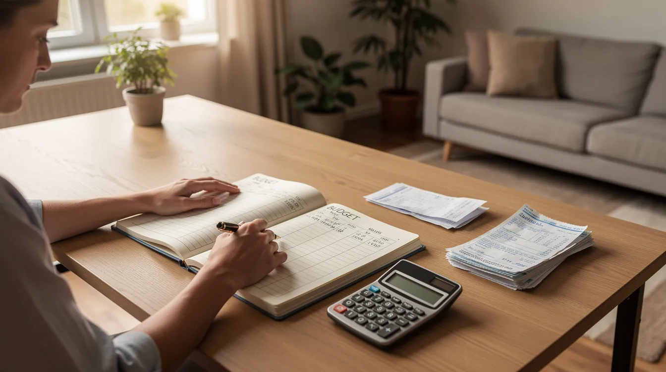 A person is sitting at a desk in a calm home environment, using a calculator and a notebook to plan their monthly budget. The scene conveys a sense of organization and financial management, highlighting the importance of understanding terms like "貸款 額" and "每月 還款" for effective budgeting.