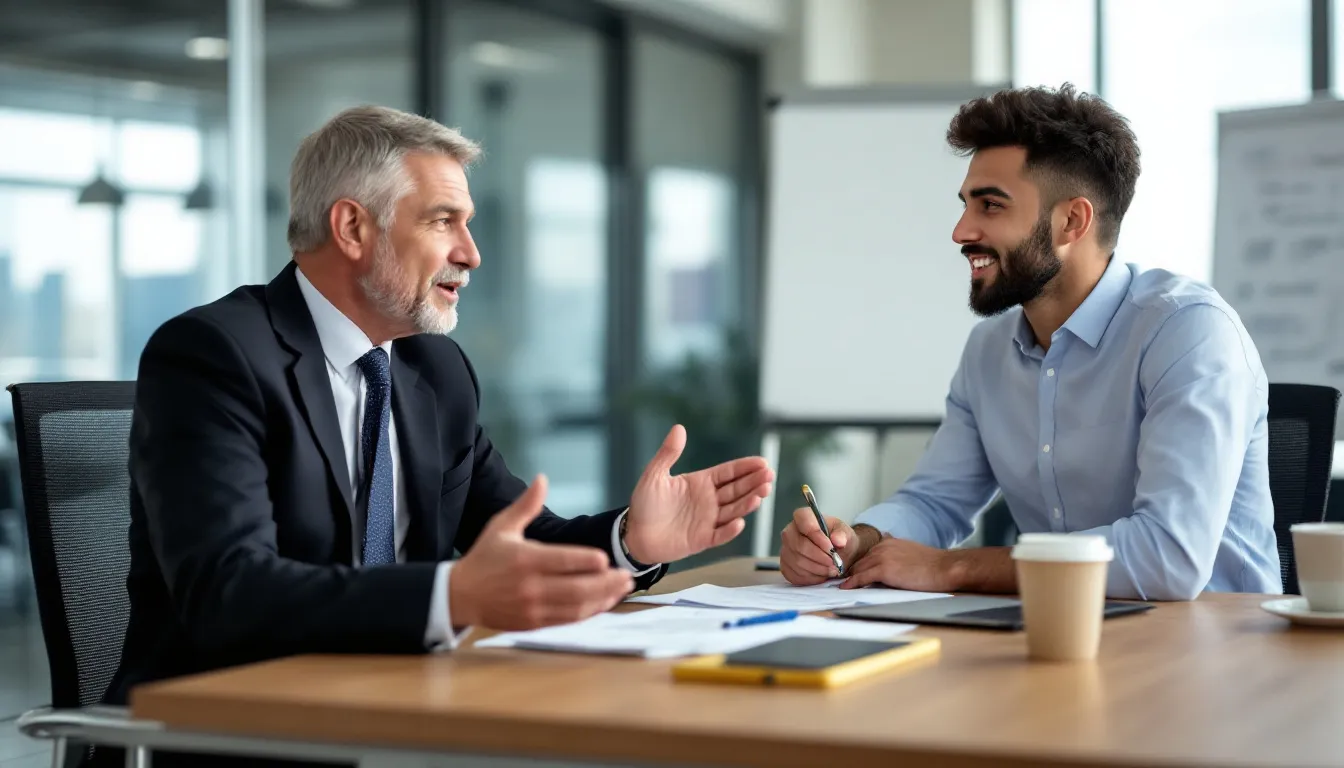A financial advisor is seated at a desk, explaining various retirement options, including the differences between pre-tax and Roth contributions, to a young professional. They discuss strategies for maximizing tax savings through retirement accounts like a Roth IRA and a 401(k), focusing on how these contributions impact taxable income and future withdrawals.