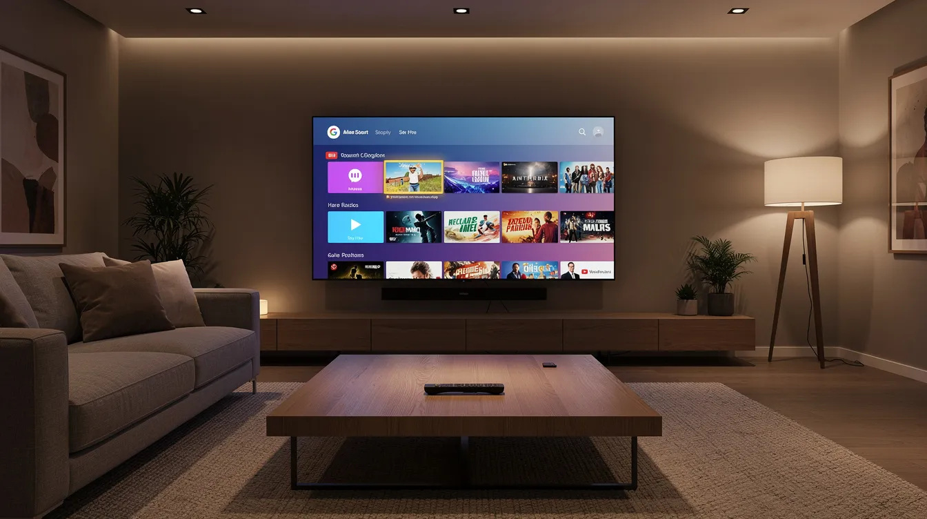 The image depicts a modern living room featuring a large flat-screen TV showcasing a vibrant channel grid, indicative of a comprehensive IPTV subscription package. A streaming remote rests on the coffee table, surrounded by warm ambient lighting, creating a cozy atmosphere for enjoying live TV channels and on-demand content.