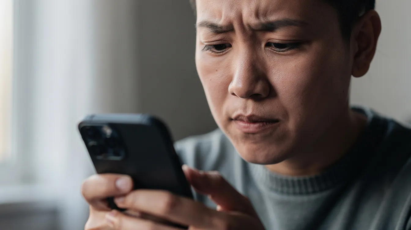 A person is gazing thoughtfully at their phone, displaying a contemplative expression that suggests they are reflecting on relationship issues or seeking advice. This moment captures the importance of open communication and emotional well-being in navigating both healthy and challenging relationships.