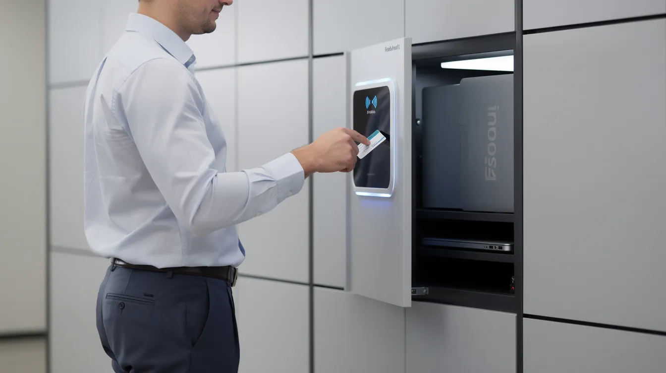 A person is tapping an RFID badge on a smart locker panel to check out a device, demonstrating a secure method for user access that aligns with strong access controls and audit trail data management. This action highlights the importance of maintaining audit logs for compliance requirements and fraud prevention audit trails in shared workplace environments.