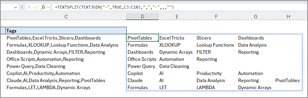 Pad with used to suppress error values with the Excel TEXTSPLIT function
