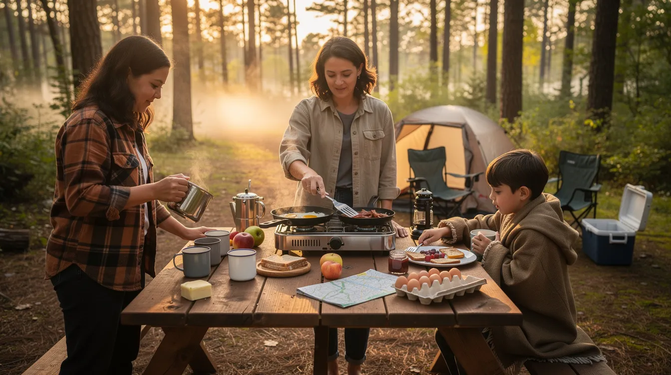 A family is gathered around a compact two-burner camp stove at a forested campsite, enjoying the aroma of morning coffee and breakfast items cooking in pots and pans. The portable unit showcases its easy transport design, perfect for outdoor cooking adventures.