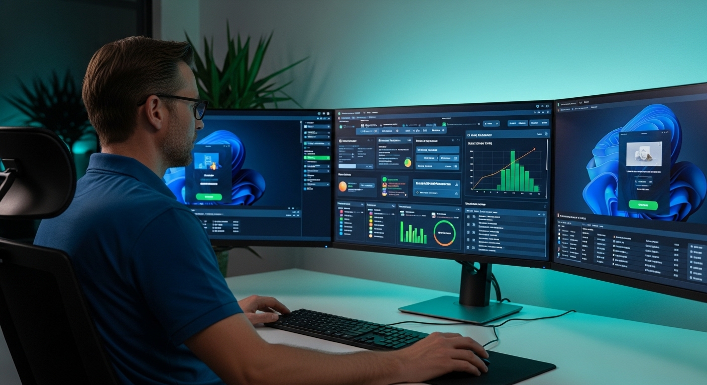 IT administrator managing multiple virtual desktops from a centralized dashboard, highlighting control and efficiency.