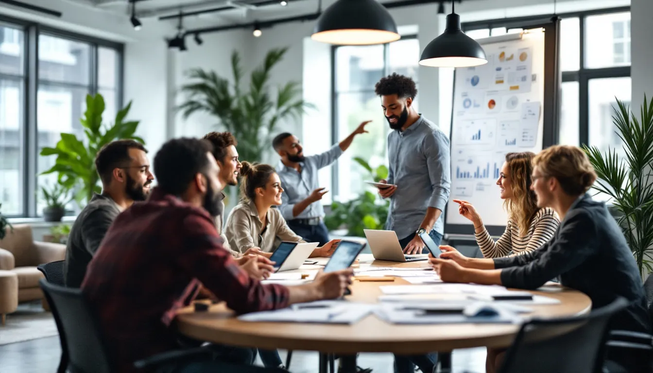 In the image, a diverse group of marketing professionals collaborates around a table, discussing strategies for a successful marketing campaign aimed at increasing brand awareness. They are analyzing data and brainstorming ideas to effectively engage their target audience through various social media platforms and innovative marketing strategies.