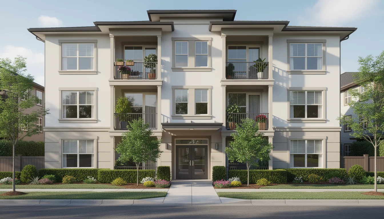 The image depicts a well-maintained multi-story residential building featuring a clean facade and beautifully landscaped surroundings, reflecting the benefits of professional management in co ops. This inviting structure exemplifies the cooperative ethos, promoting community living and shared resources among co op members.