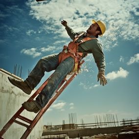 An illustration showing different types of accidental injuries covered by workers compensation, including ladder falls.