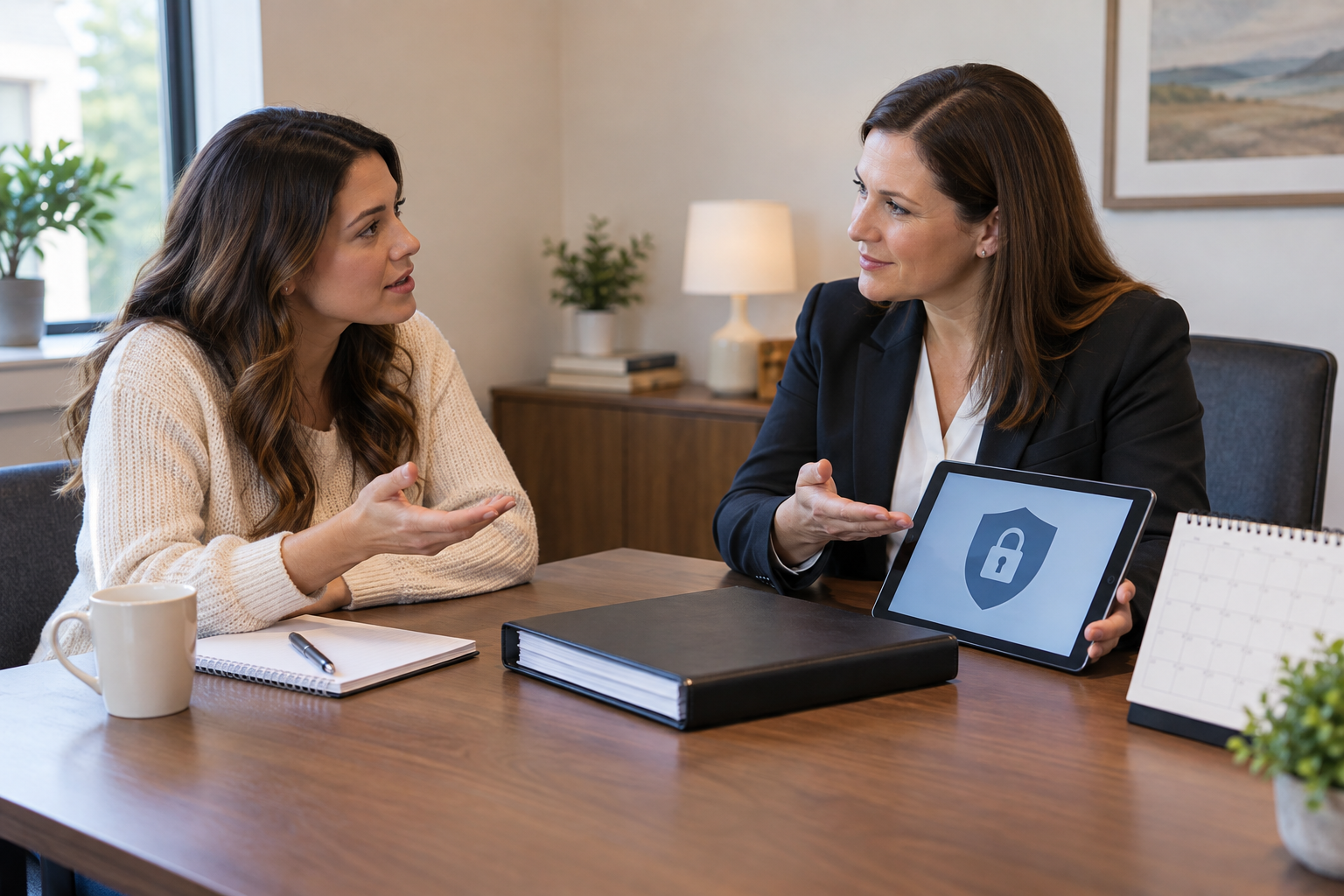 Gestational surrogate reviewing escrow and legal payment protections with her attorney