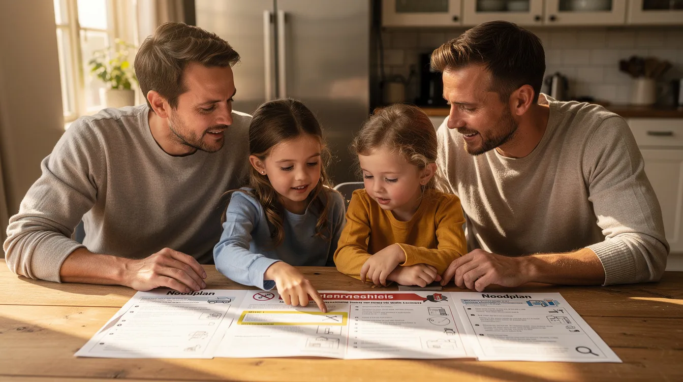 Een gezin zit aan de keukentafel en bekijkt samen een papieren noodplan, waarin ze zich voorbereiden op mogelijke noodsituaties zoals een financiële crisis of grote stroomstoringen. Ze bespreken belangrijke onderwerpen zoals houdbaar voedsel, hygiëne en de betekenis van preppen om hun dierbaren te beschermen in tijden van rampen.