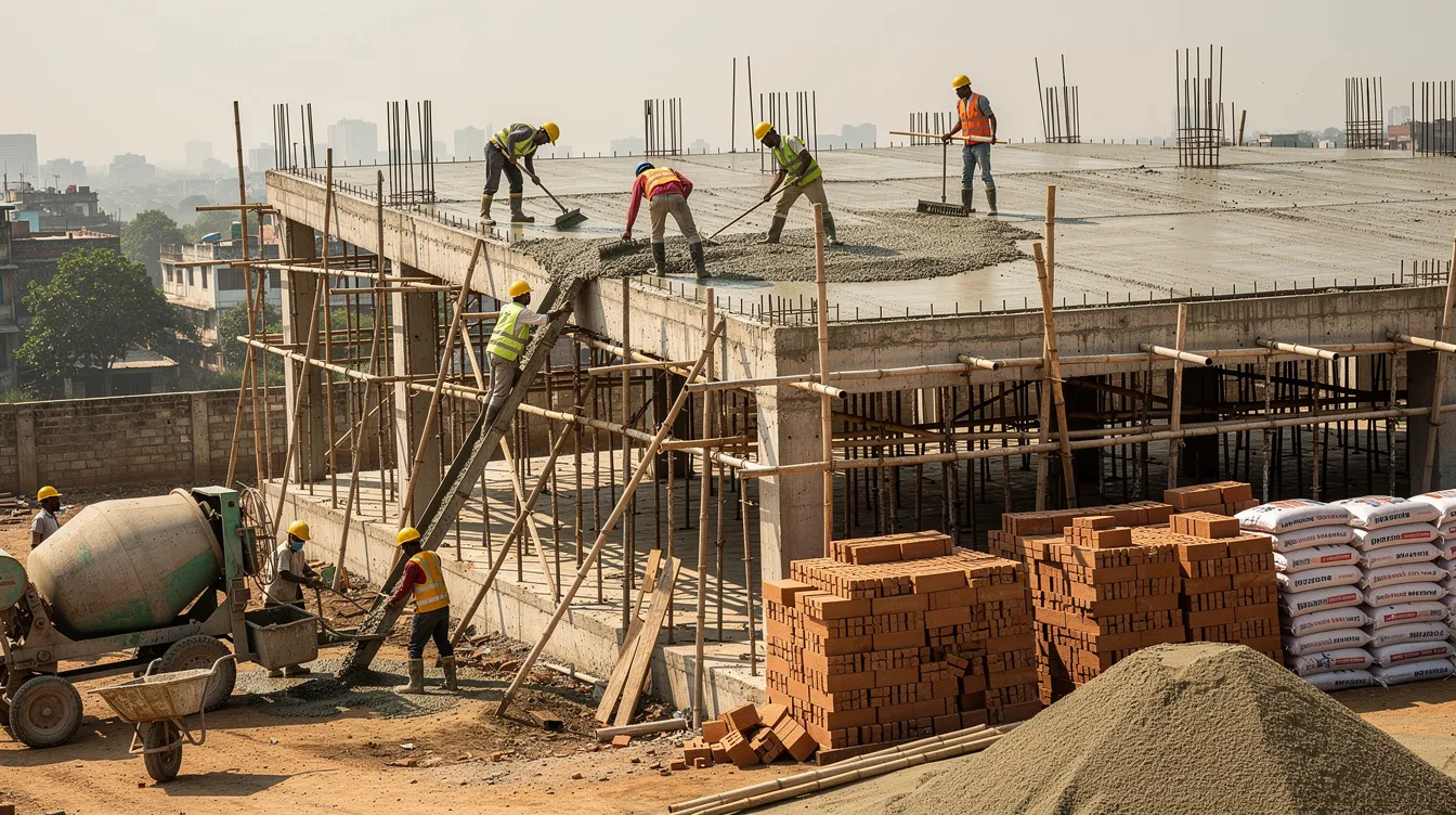 The image depicts a bustling hotel construction site in India, where workers are actively pouring concrete for an upper floor, surrounded by scaffolding and neatly stacked building materials. This proposed hotel project reflects the ongoing development within the Indian hotel industry, highlighting the significant construction costs and project management fees involved in such hospitality projects.