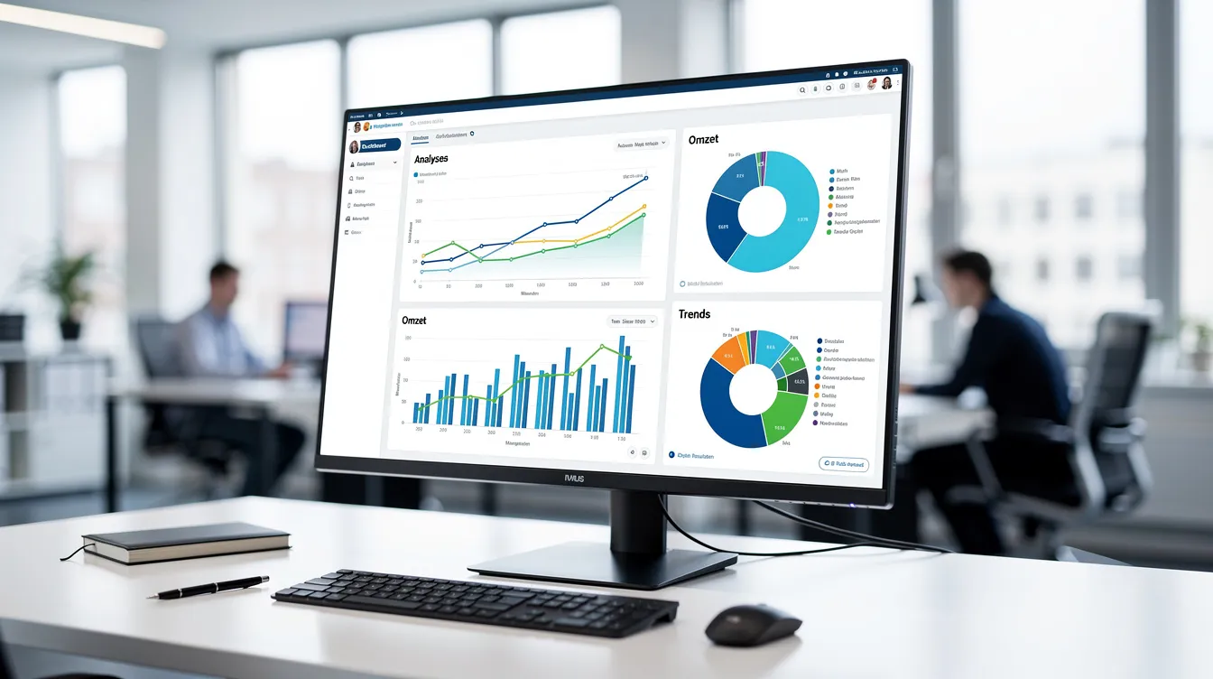 Een computerscherm toont verschillende grafieken en data-analyse in een moderne werkruimte, wat duidt op een effectieve marketingstrategie en concurrentieanalyse voor het opstellen van een ondernemingsplan. Deze visuele weergave helpt ondernemers om hun doelstellingen duidelijk te maken aan investeerders en partners.