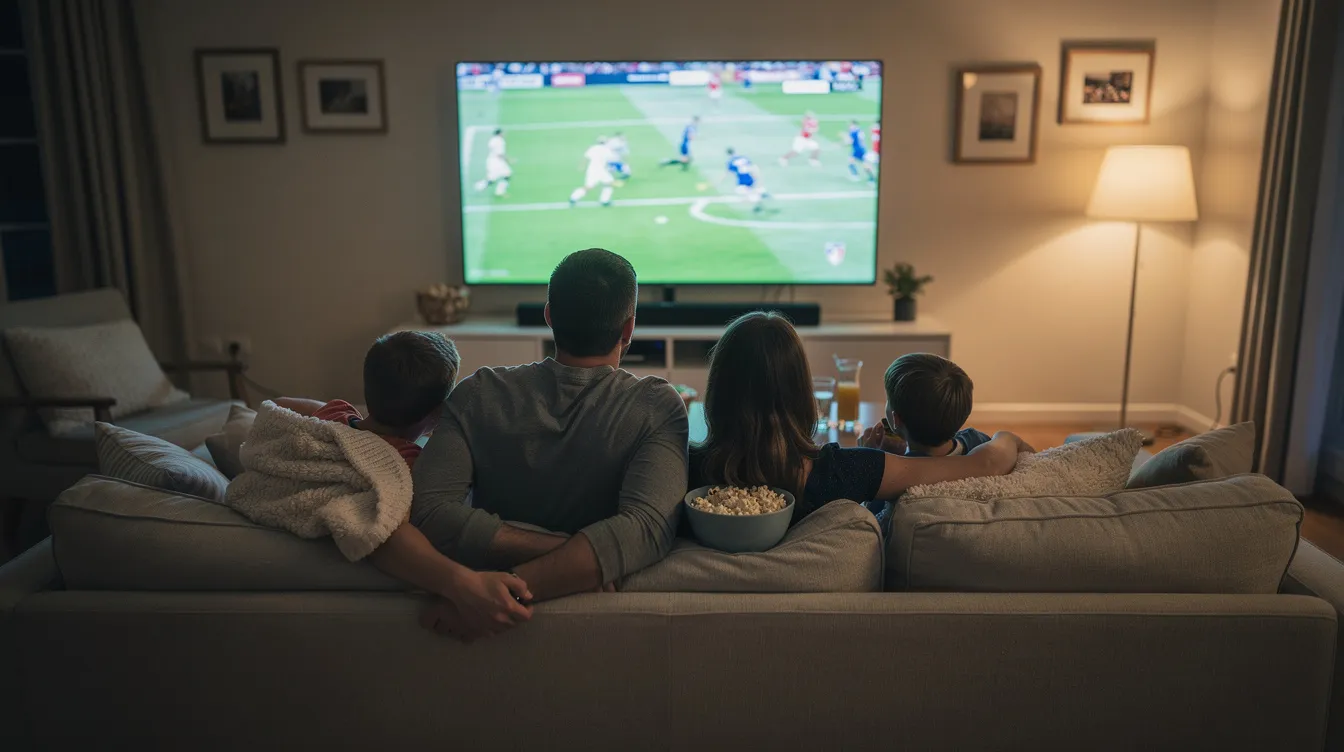 A family is gathered on a cozy couch in a dimly lit room, intently watching a sports game on a large wall-mounted television, enjoying the excitement of live sports through their IPTV service. The atmosphere is filled with camaraderie as they share snacks and cheer for their favorite team.
