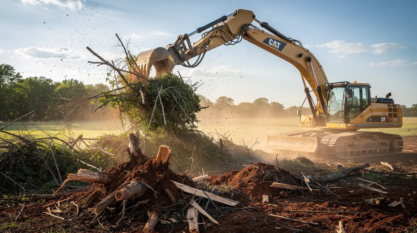 A heavy-duty forestry excavator is actively clearing dense brush and removing tree stumps on a rural property in Canadian County, Oklahoma. Dust is rising in the warm afternoon sunlight as the machine's claw grabs the brush, showcasing the precision work involved in grading services that ensure proper drainage and minimize environmental impact.