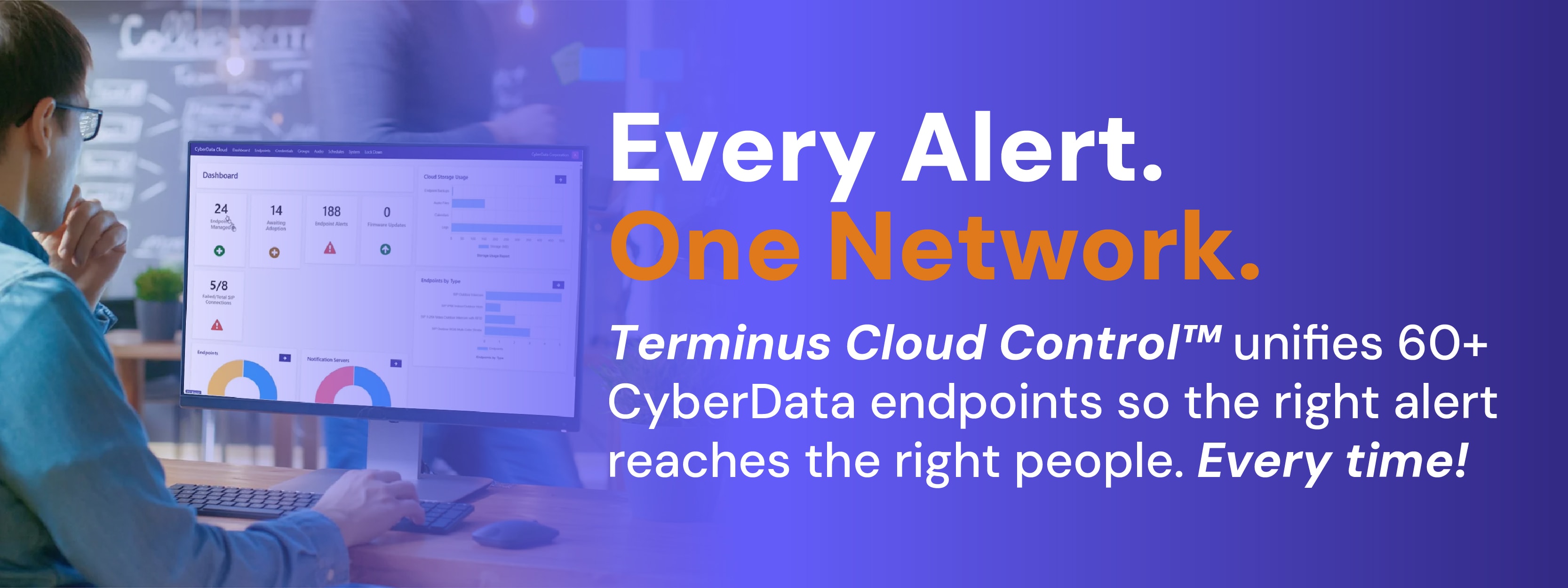 Person viewing CyberData’s Terminus Cloud Control™ dashboard on a desktop, with headline promoting team communication software that connects 60+ endpoints for streamlined alerts.