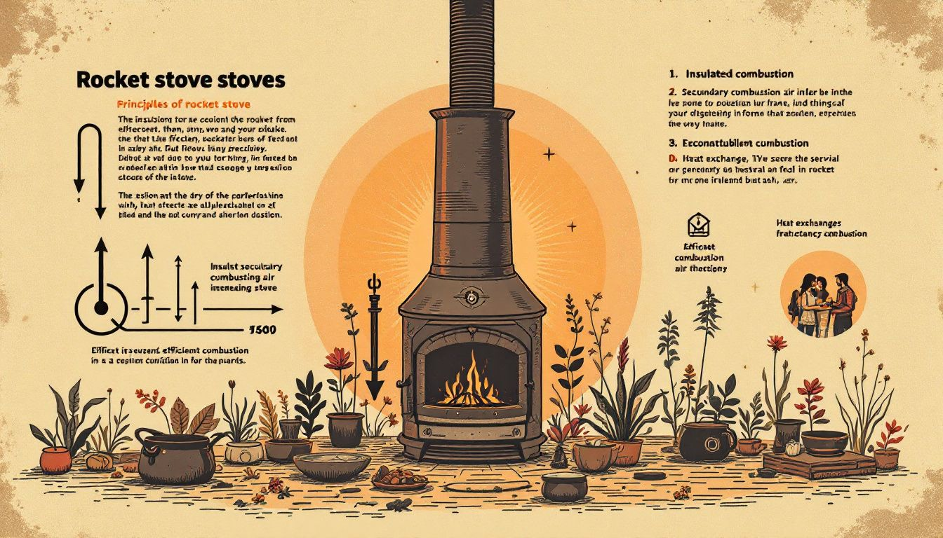 Key features of a rocket stove, highlighting its efficiency.