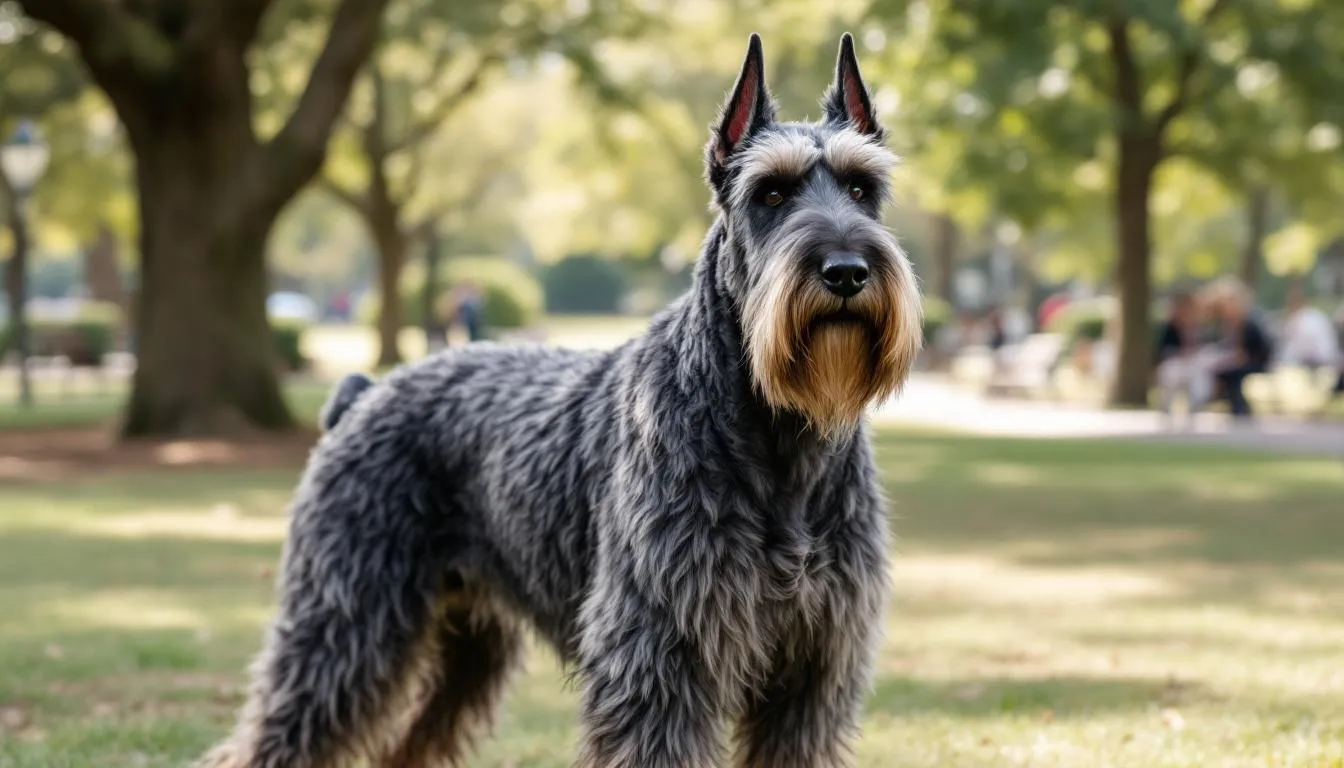 A Giant Schnauzer with a wiry gray coat stands proudly in a park setting, showcasing its hypoallergenic breed characteristics. This medium-sized dog, known for its energetic nature and minimal shedding, enjoys the outdoors while being a great option for allergy sufferers.