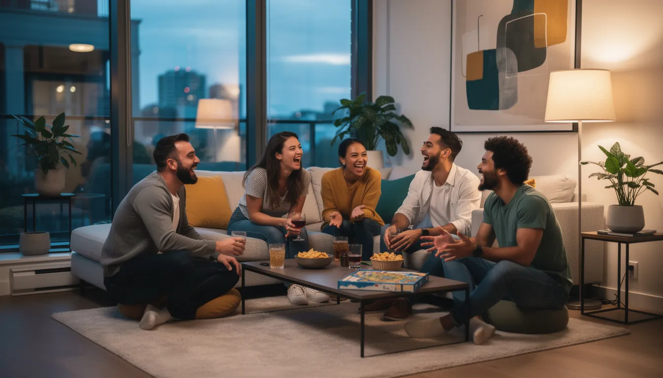 A group of friends is joyfully laughing together in a modern living room, surrounded by cozy furnishings and vibrant decor, perfect for group getaways in the heart of the city centre. This spacious apartment serves as an ideal base for exploring Edinburgh, with easy access to attractions like Edinburgh Castle and the Royal Mile.