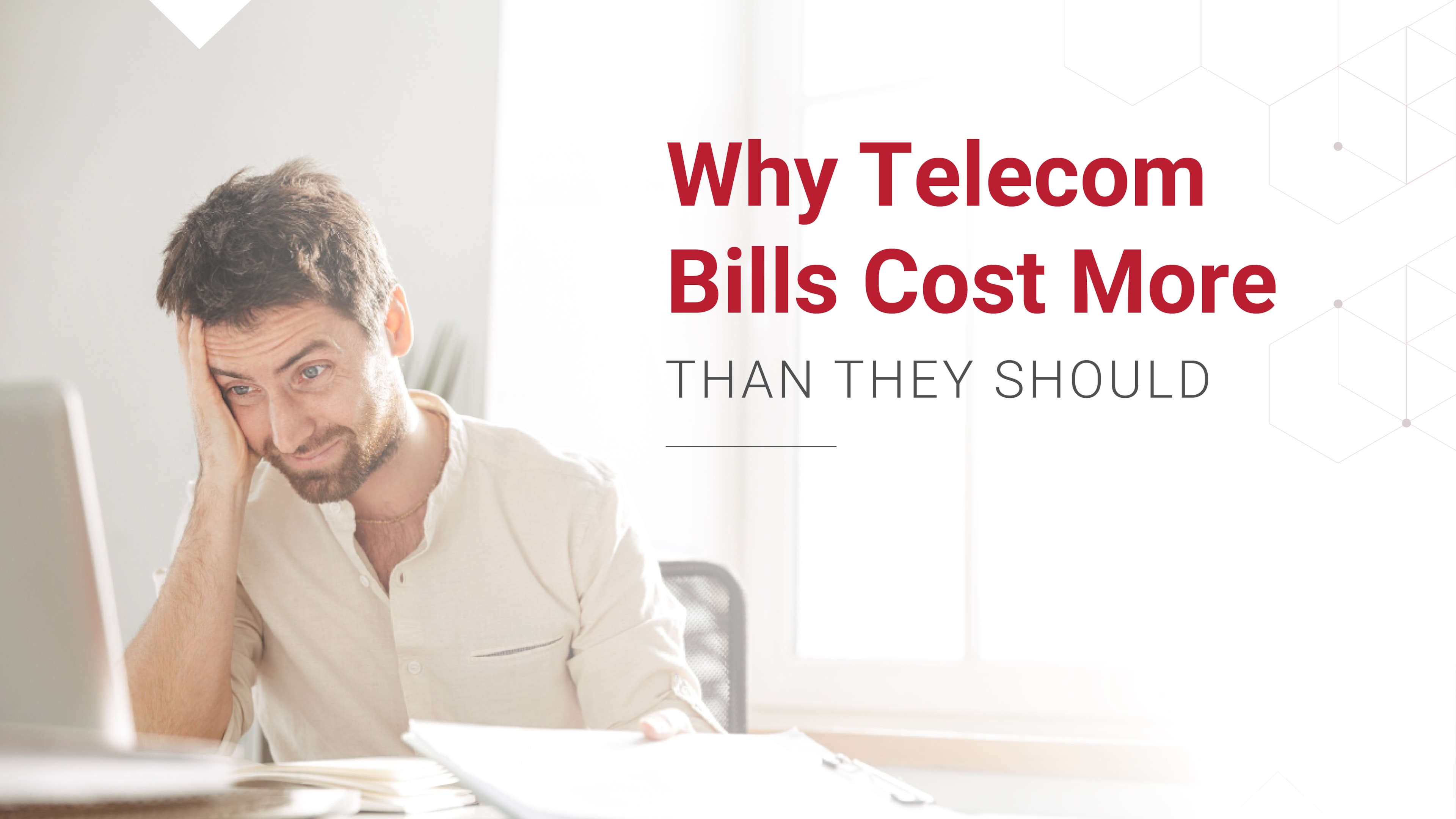 Frustrated man reviewing bills on laptop, next to headline about telecom costs and vendor invoice reconciliation.