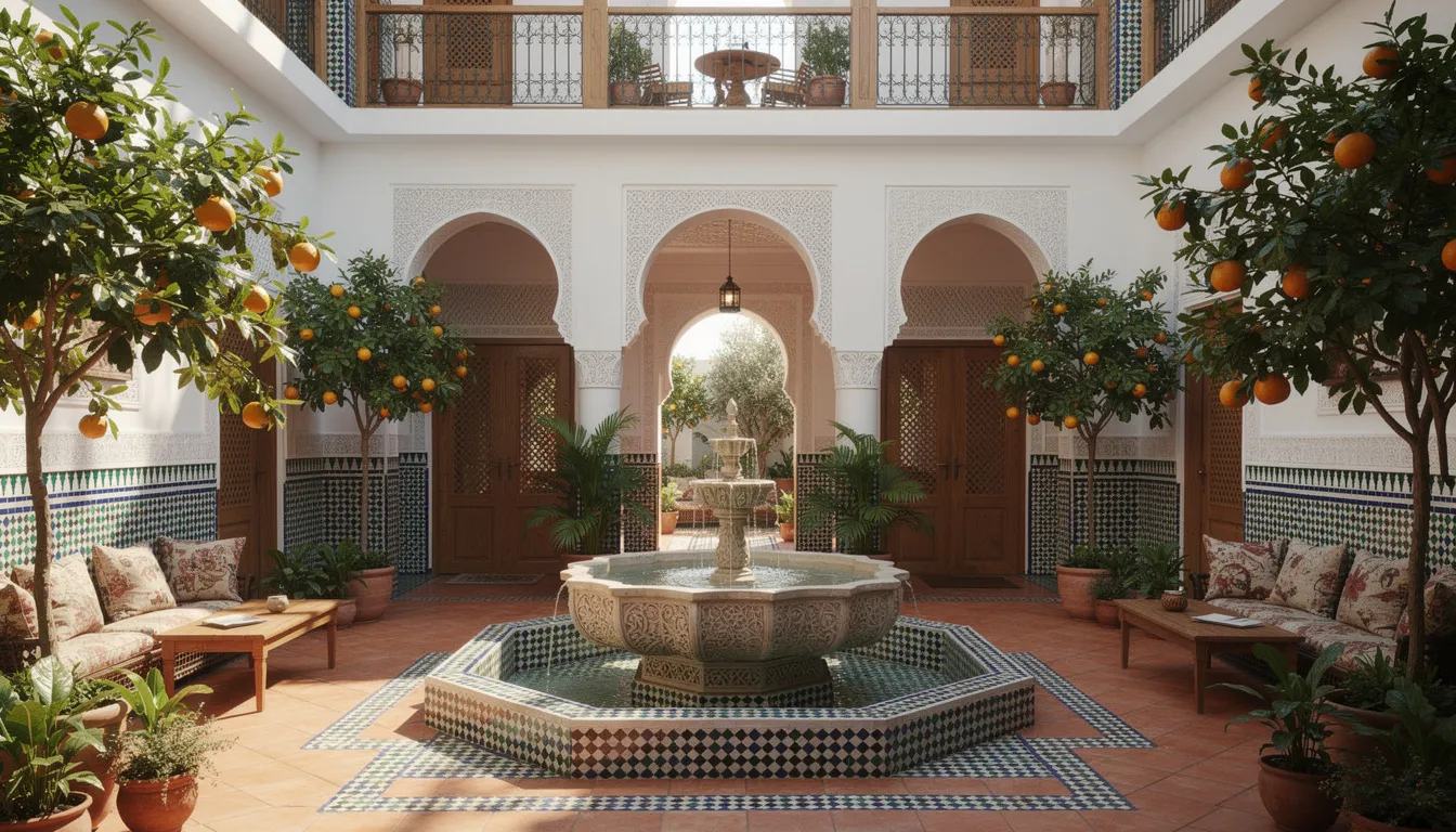 The image depicts a traditional Moroccan riad courtyard featuring a serene fountain surrounded by intricate tilework, showcasing the rich details of Moroccan culture. This beautiful setting invites visitors to explore Marrakech and experience the tranquility amidst the hustle of the busy city.