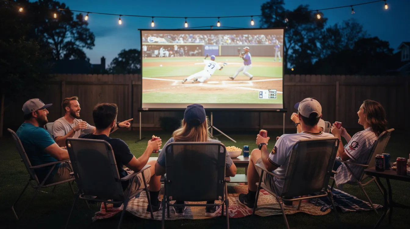 A group of friends gather on a rooftop space, enjoying a lively atmosphere as they watch a baseball game on an outdoor screen. The setting is enhanced by string lights and tiki torches, creating a cozy backdrop for their fun gathering.