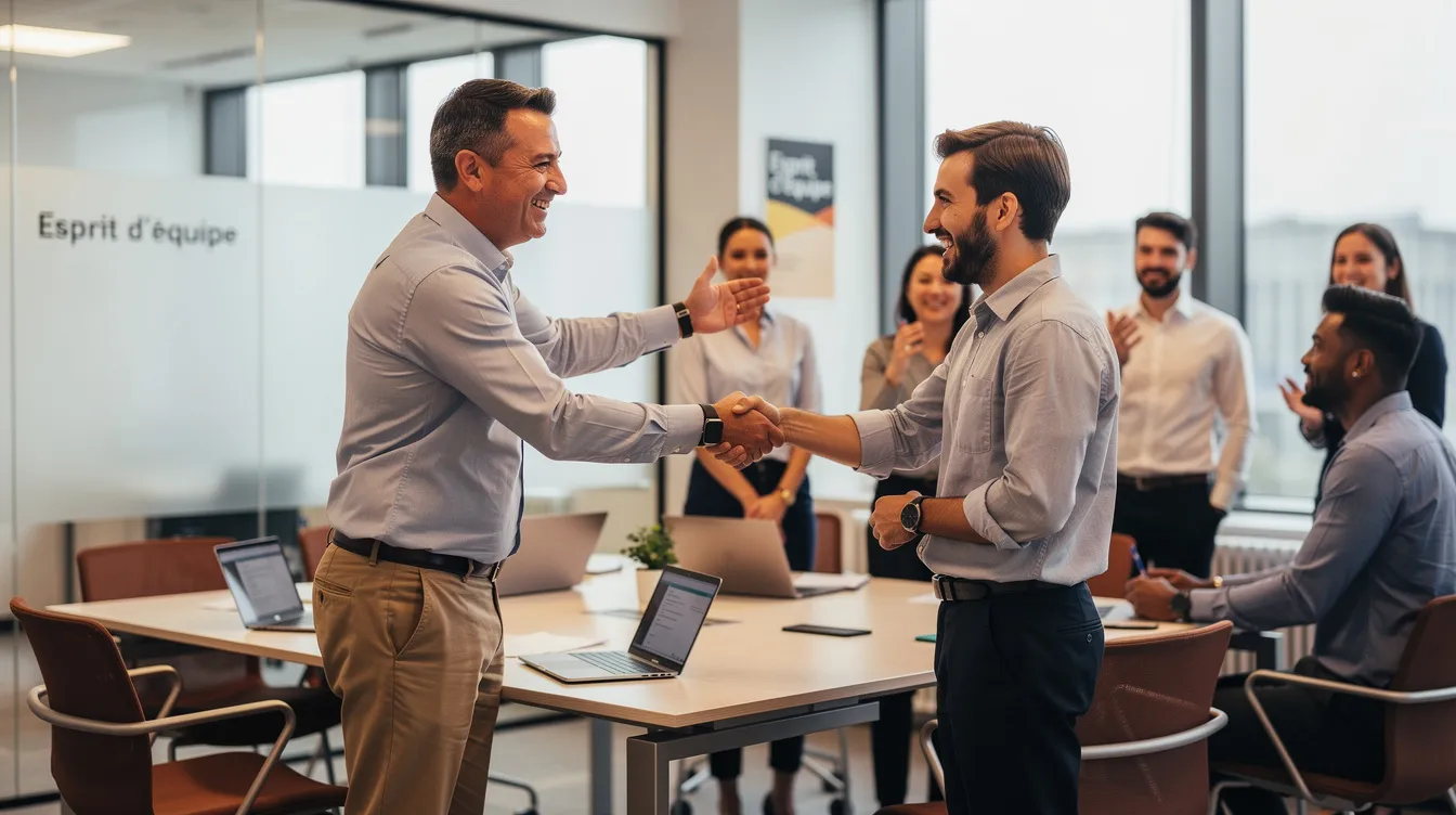 Un manager souriant félicite un membre de son équipe lors d'une réunion debout dans un bureau ouvert, illustrant l'importance de la reconnaissance et de la motivation dans un environnement de travail collaboratif. Cette scène reflète l'engagement des collaborateurs et le rôle clé du manager dans le succès des projets et la dynamique de l'équipe.