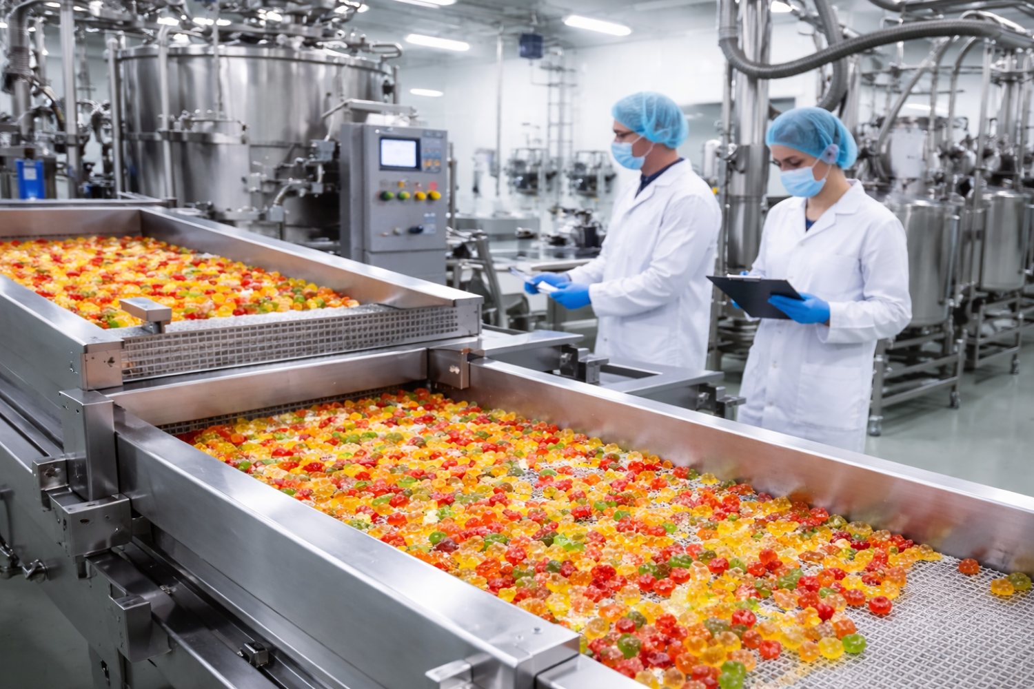 Workers in lab coats and hairnets monitor a conveyor belt filled with colorful gummy candies in a factory setting.