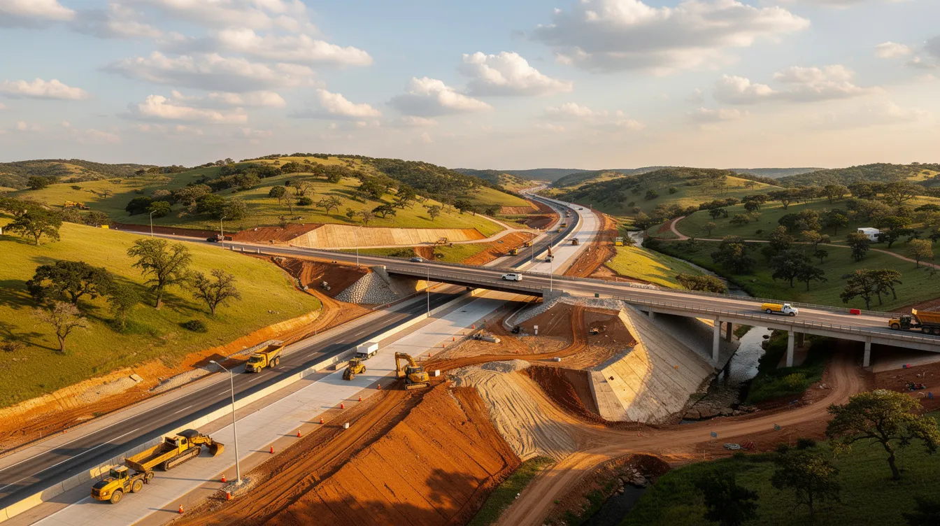 An aerial view showcases a multi-lane highway under construction, winding through the picturesque rolling hills of Texas. The image highlights the construction industry's ongoing efforts, emphasizing the importance of safety standards and compliance with labor laws in creating a positive workplace culture for workers involved in the project.