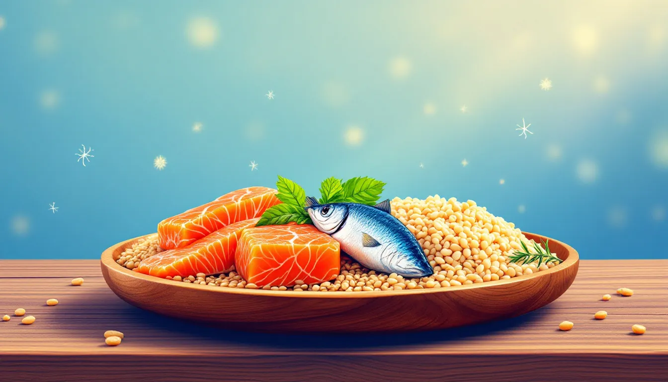 Top 8 Supplements for Memory Loss During Menopause Symptoms 3 A healthy plate of oily fish and whole grains, highlighting Omega-3 fatty acids for brain health.