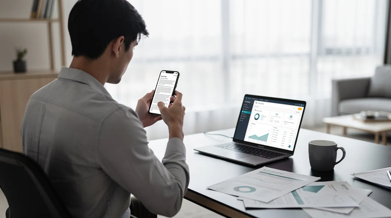 A person is sitting in a modern home office, reviewing loan documents on their smartphone, which includes details about the loan's terms and conditions, such as the annual percentage rate (APR) and repayment amounts. The environment is bright and contemporary, reflecting a comfortable workspace for financial decisions related to online loans and personal financing.