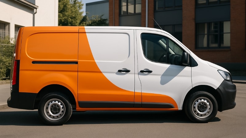 Van is partially wrapped with orange color making a combination with orignal white paint