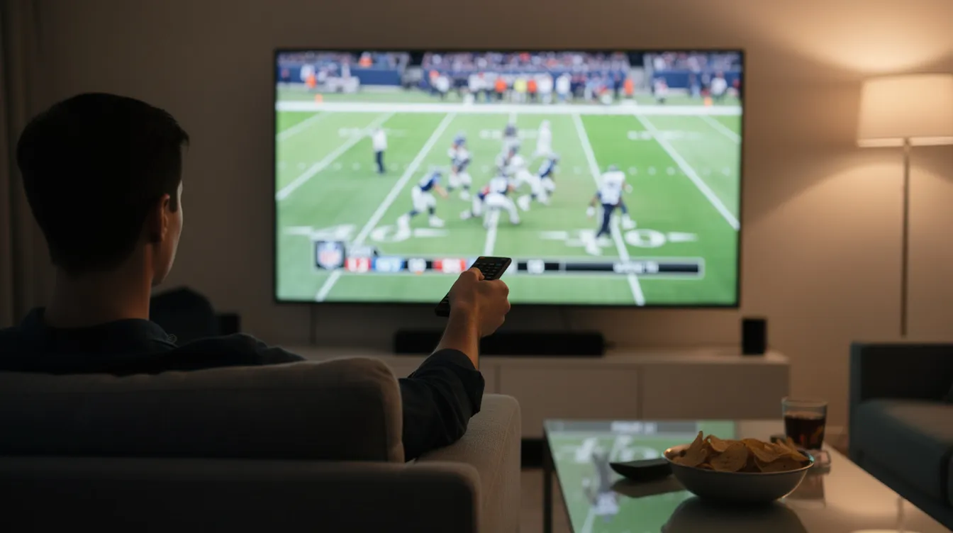 A person is comfortably seated on a couch, holding a remote control aimed at a large television displaying a live football game, showcasing the excitement of watching sports through an IPTV service. The scene highlights the convenience of streaming live TV channels with superior streaming quality, ideal for sports fans.