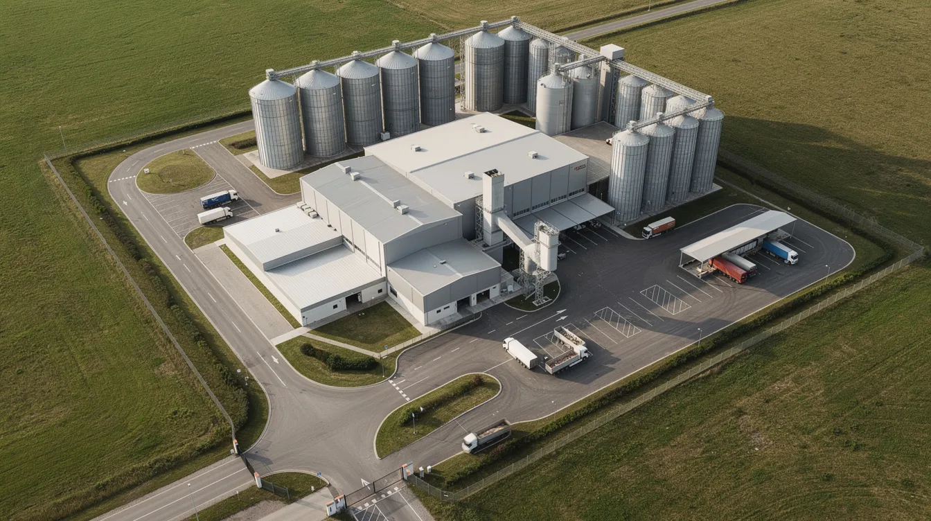 54522c56 53d5 4c38 817b 49b598fde6f9 An aerial view of an industrial grain milling complex showcases multiple buildings, silos, and truck bays arranged on a rectangular plot, illustrating the layout of a flour milling business. This facility is designed for processing grains like maize and wheat, featuring equipment for producing high-quality maize flour and wheat flour, along with internal roads for efficient operations.