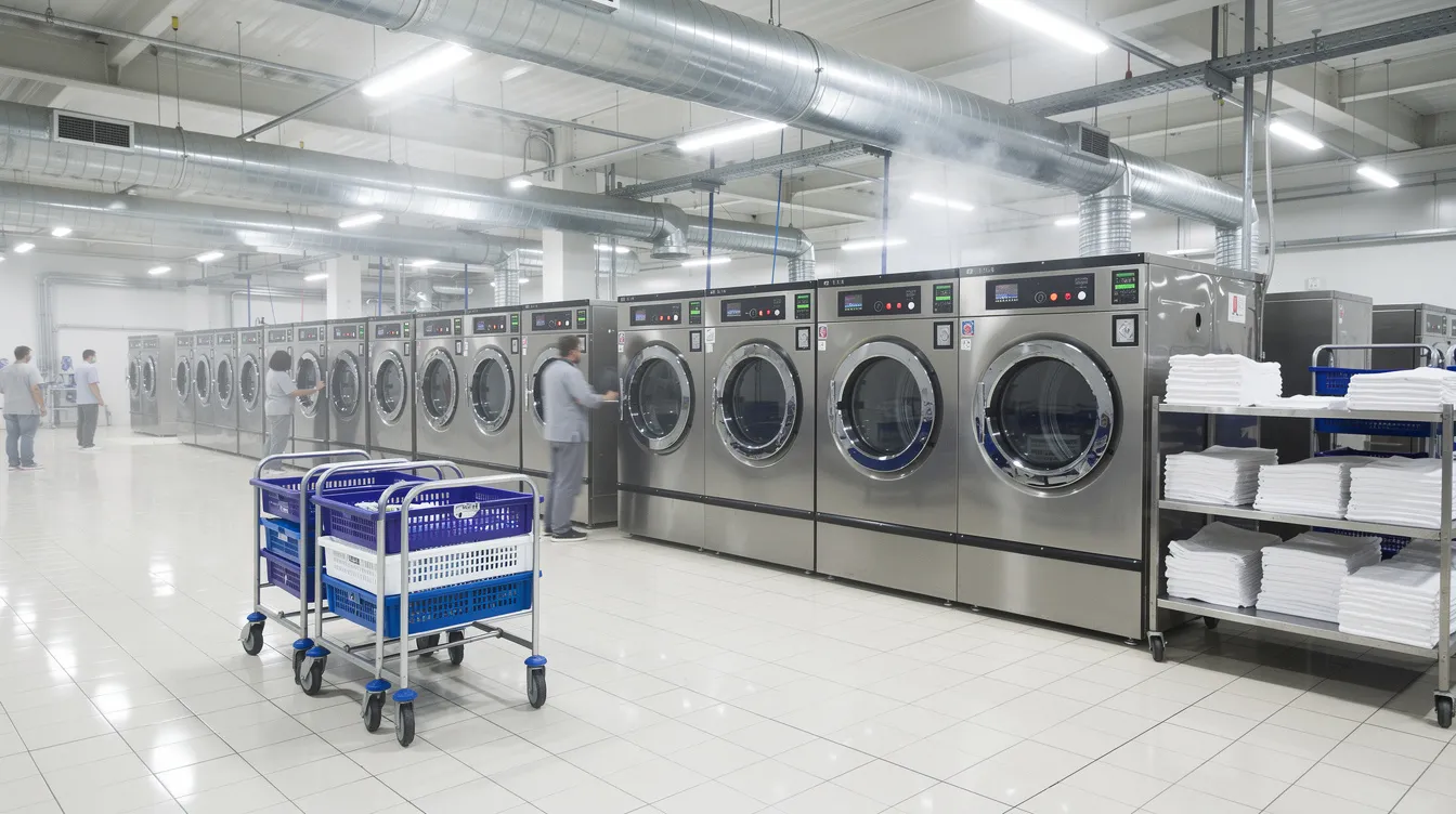 The image shows a large commercial laundry facility filled with rows of industrial washing machines, designed for efficient cleaning of hotel linens and staff uniforms. The space highlights the use of powerful commercial laundry detergents that effectively remove tough stains and odors, ensuring superior cleanliness for guests.