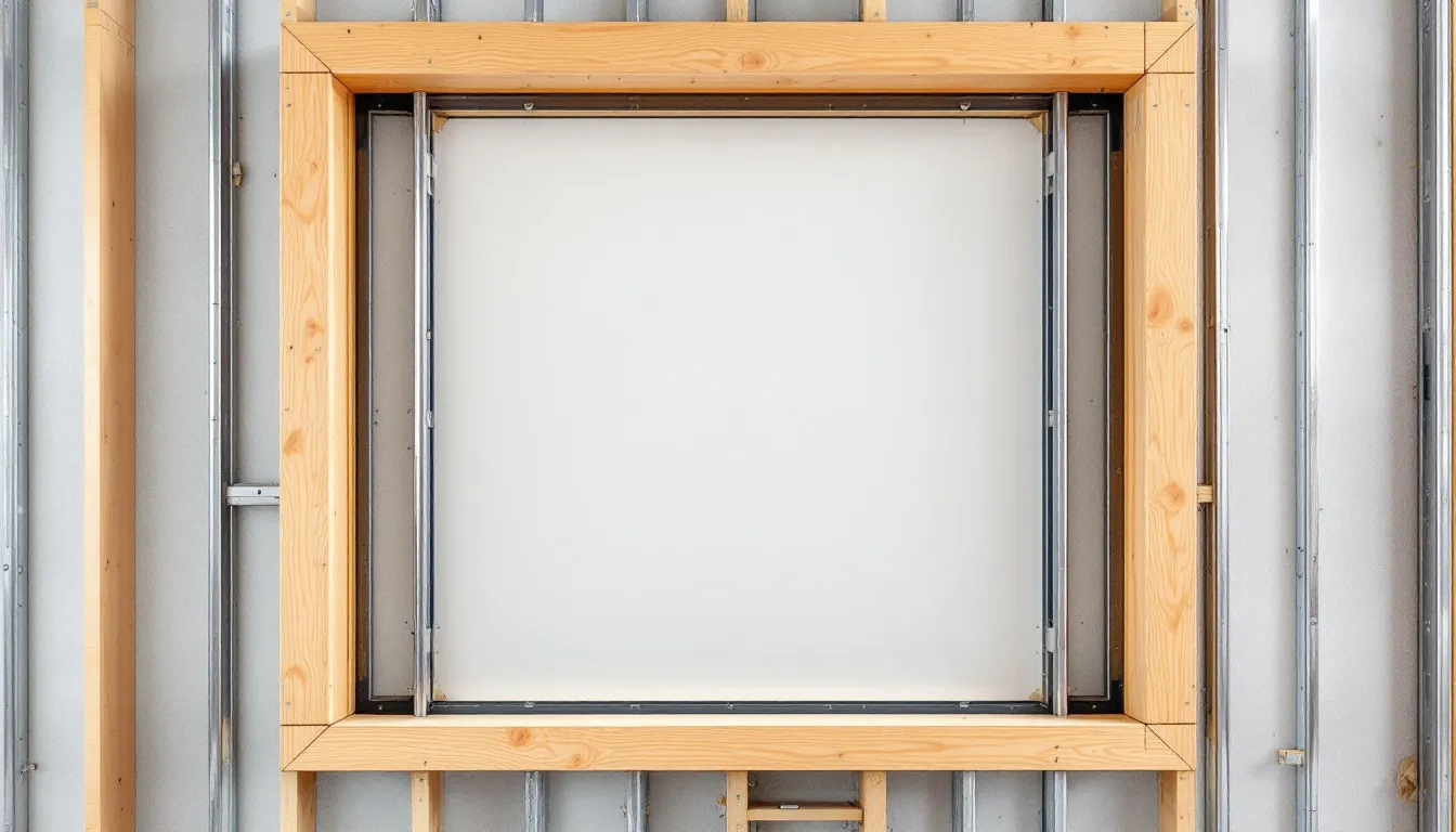 De afbeelding toont een montage van een kozijn in een droge wandconstructie met metalstud. Het kozijn is ontworpen voor een stompe deur en biedt een maatwerk oplossing die perfect past in de wand, wat zorgt voor een naadloze afwerking en een lange levensduur.