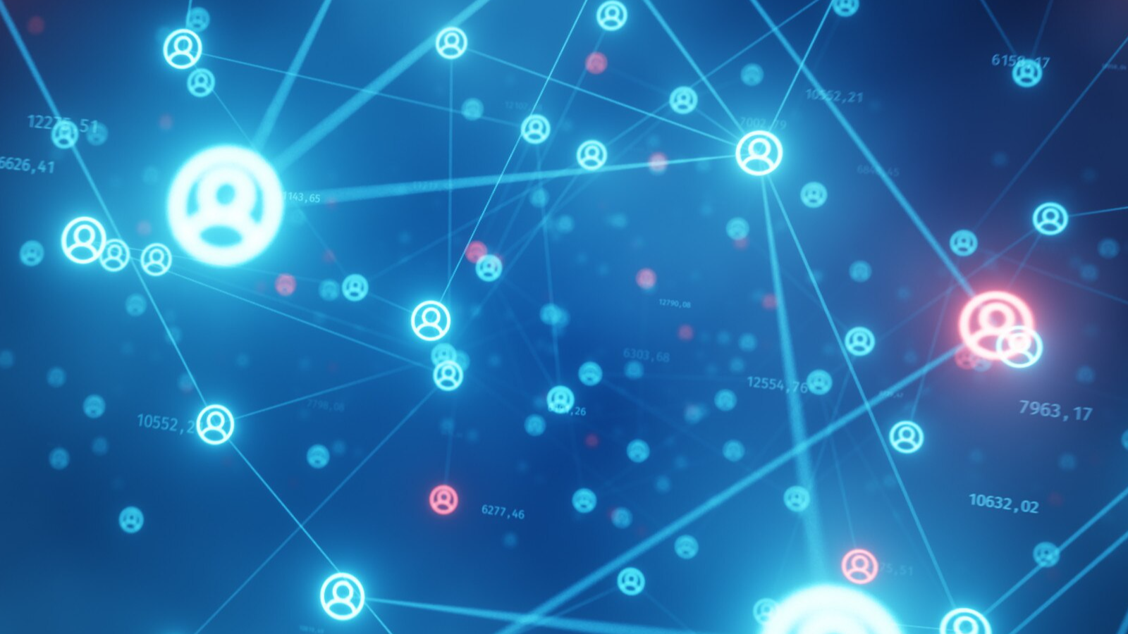 Glowing digital icons connected by threads, symbolizing smart call routing and automated systems in cloud PBX platforms.