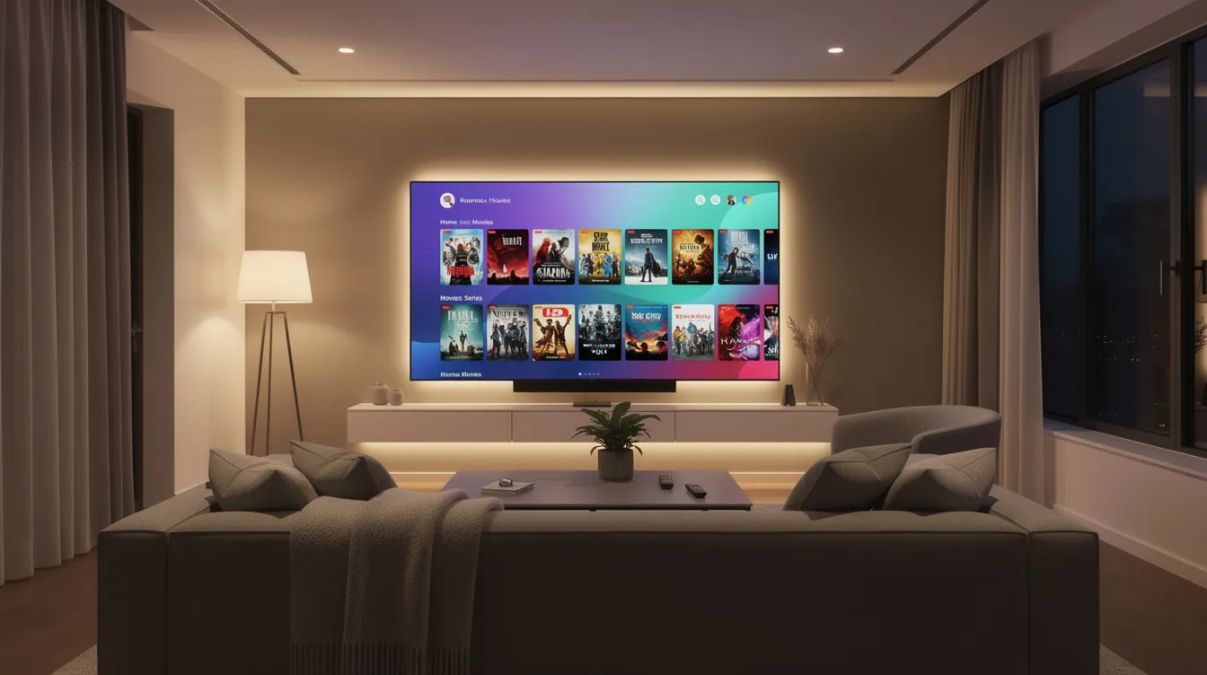 A modern living room features a large flat screen smart TV showcasing a vibrant streaming interface, perfect for watching live TV channels and on-demand content. The cozy couch and ambient lighting create an inviting atmosphere, ideal for enjoying IPTV services with a stable internet connection.