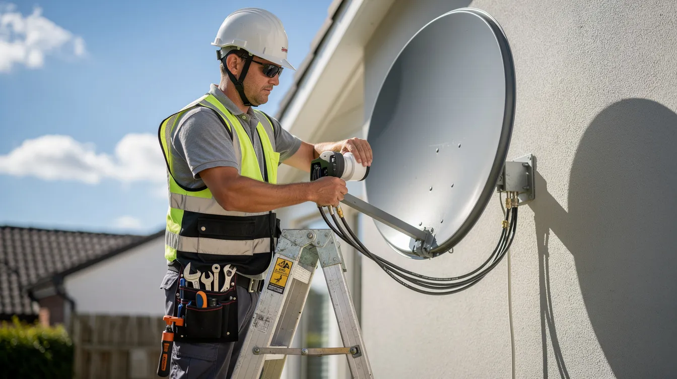 A technician is seen carefully replacing the outdoor LNB on a satellite dish, ensuring proper satellite dish installation for optimal signal quality. This maintenance is crucial for resolving any potential DSTV error codes that may affect the viewing experience.