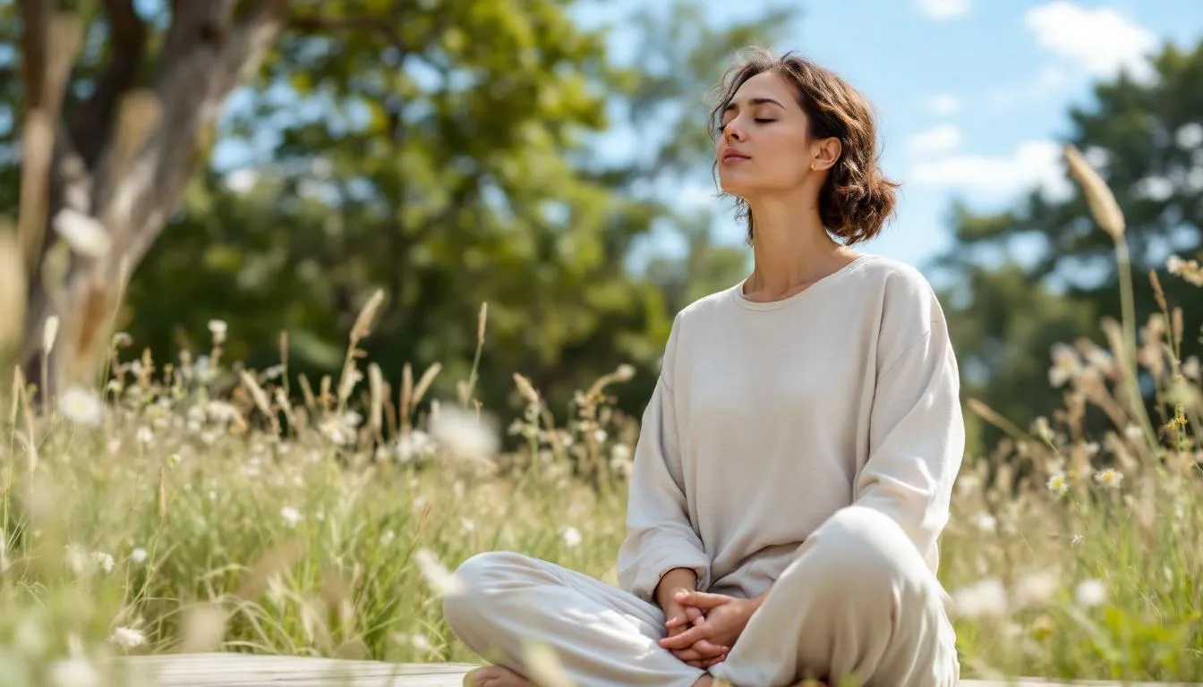 In the image, a person is practicing diaphragmatic breathing exercises while sitting comfortably on a flat surface, with their knees bent and hands resting on their lower belly. The focus is on deep, slow breaths that engage the diaphragm, promoting relaxation and improving overall health.