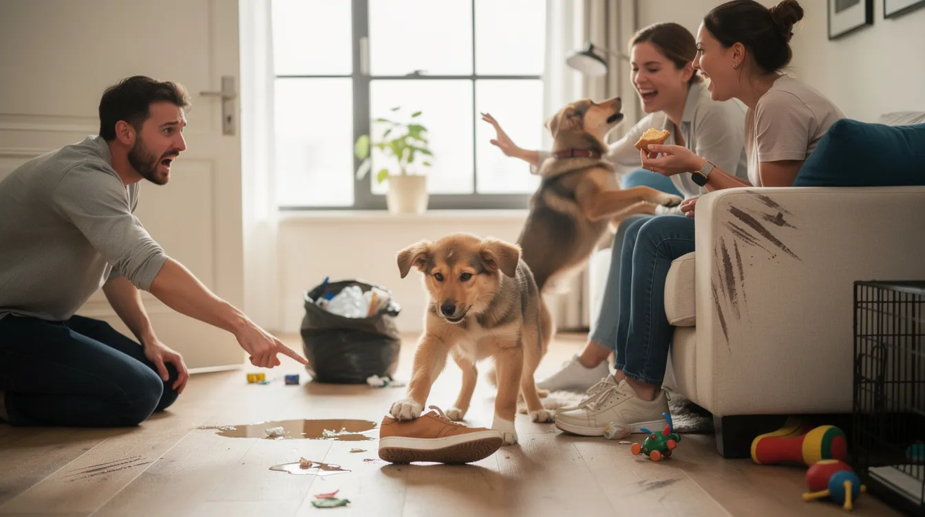 The image depicts a frustrated dog owner during a training session with their new puppy, highlighting common dog training mistakes. The puppy appears distracted and is exhibiting unwanted behavior, emphasizing the importance of positive training techniques to foster good behavior.