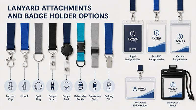 Lanyard attachments and badge holder options including lobster clips, J-hooks, split rings, badge reels, buckles, and PVC holders.
