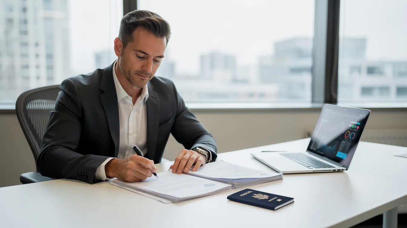 A professional entrepreneur is seated at an office desk, meticulously reviewing paperwork related to their E2 visa renewal application, with a passport and laptop positioned nearby. The scene conveys a sense of diligence as they prepare to submit comprehensive financial documentation and business plans, essential for maintaining their lawful immigration status as a treaty investor.