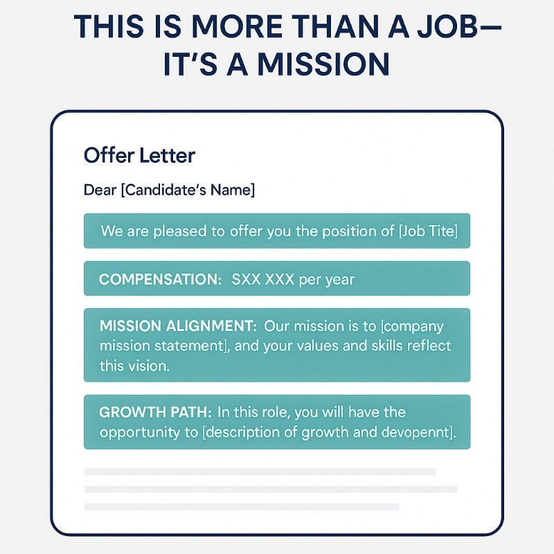 A mockup of a modern offer letter titled “This Is More Than a Job—It’s a Mission” showcases key elements highlighted in teal: compensation details, alignment with the company mission, and a clear growth path. The letter uses a clean, professional layout with navy blue text on a white background, reflecting a values-driven and strategic hiring approach.
