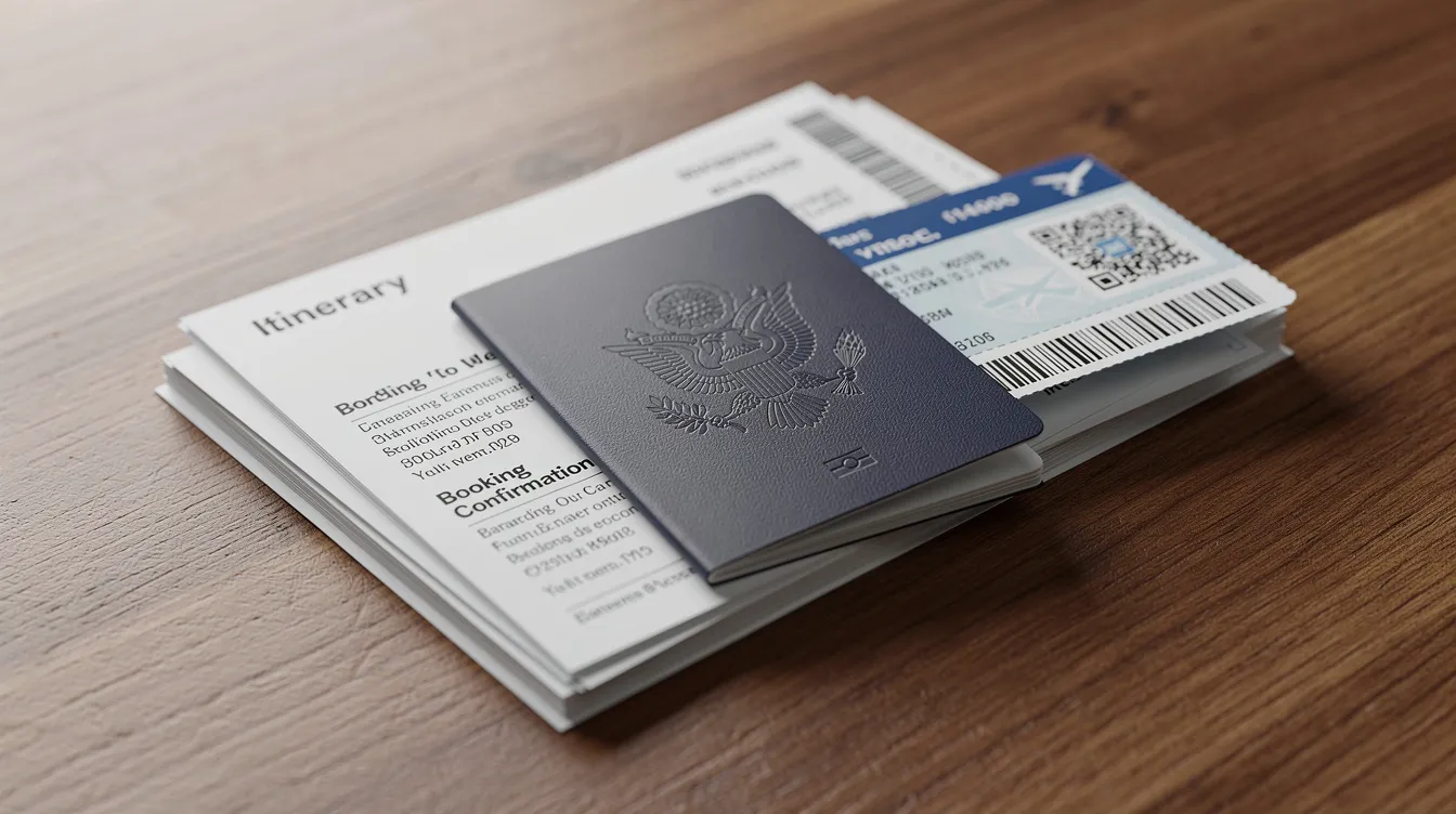 The image shows a neat stack of travel documents, including a valid passport and boarding pass, arranged on a wooden desk, symbolizing the importance of proper paperwork for entering Ireland. This setup highlights essential items for non-EEA nationals preparing for their journey, such as visa applications and immigration permissions.