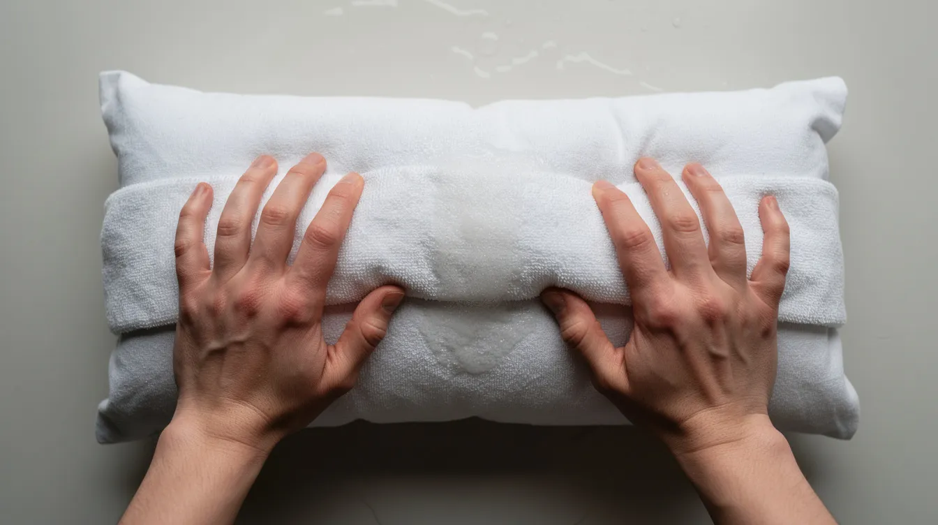 A pair of hands is pressing down on a rolled-up white towel that is wrapped around a damp pillow, effectively absorbing excess moisture. This technique can help in air drying pillows, ensuring they dry completely and remain fresh without trapping moisture.
