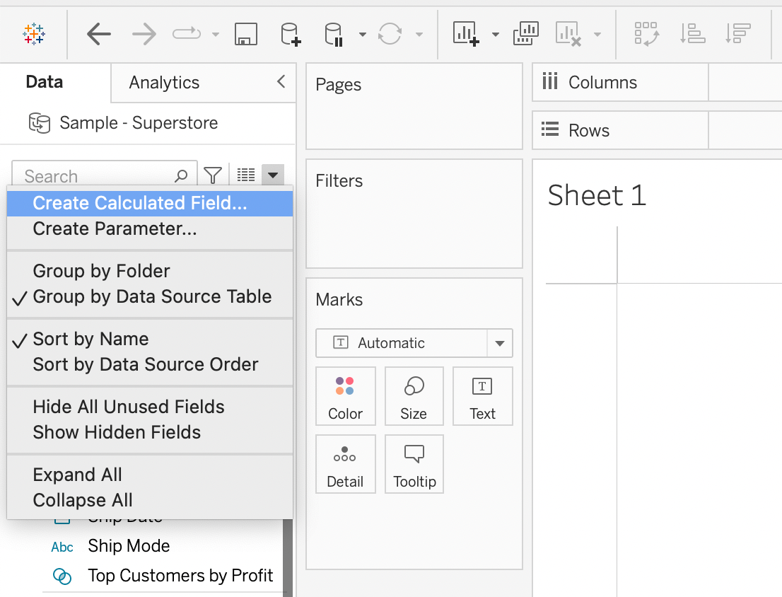 Create Calculated Field in Tableau by clicking on down arrow in the dimensions shelf