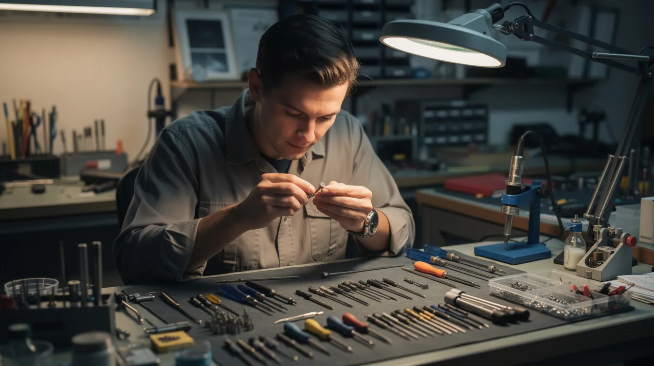 The image depicts a person intensely focused on mastering a complex technical skill at a workbench, surrounded by specialized tools that reflect their expertise in a particular field. This scene illustrates the dedication and practice involved in expert work, highlighting the importance of training and skill development in professional environments.