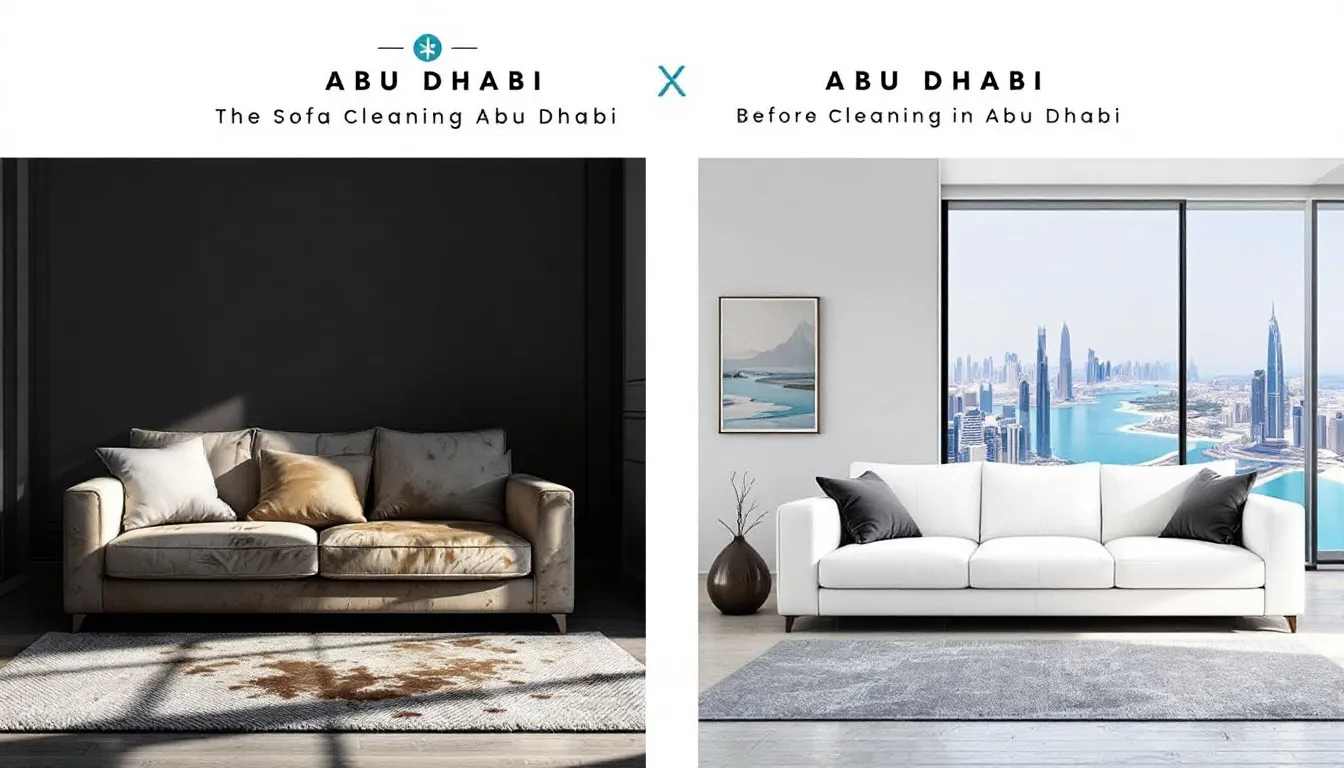 A before and after comparison of a sofa cleaning service in Abu Dhabi.